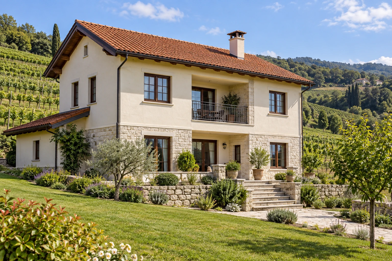 Country house with a tiled roof, stone base and garden beside vineyard slopes