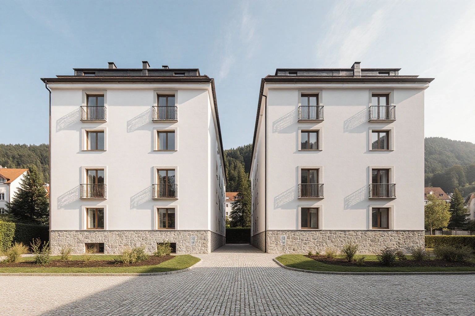 Modern multi-storey residential buildings around a shared courtyard